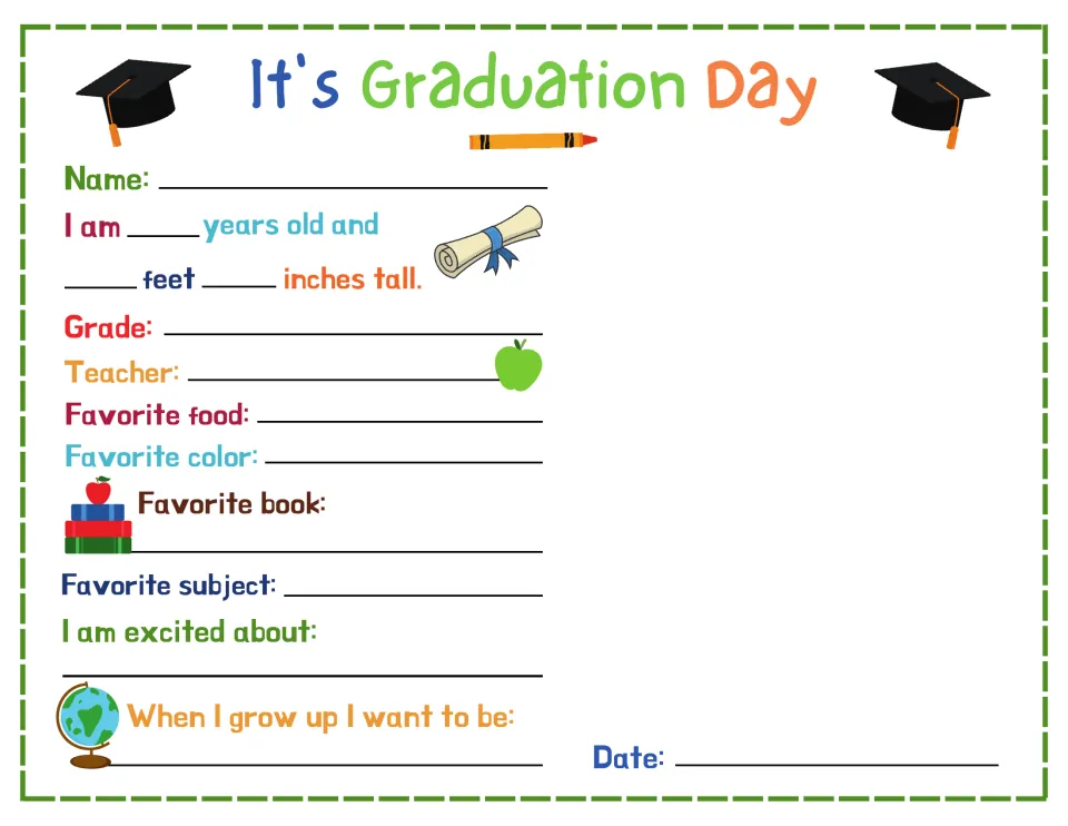 It's Graduation Day all-about-me form in color: child records age, height, teacher, favorite food, book and future job