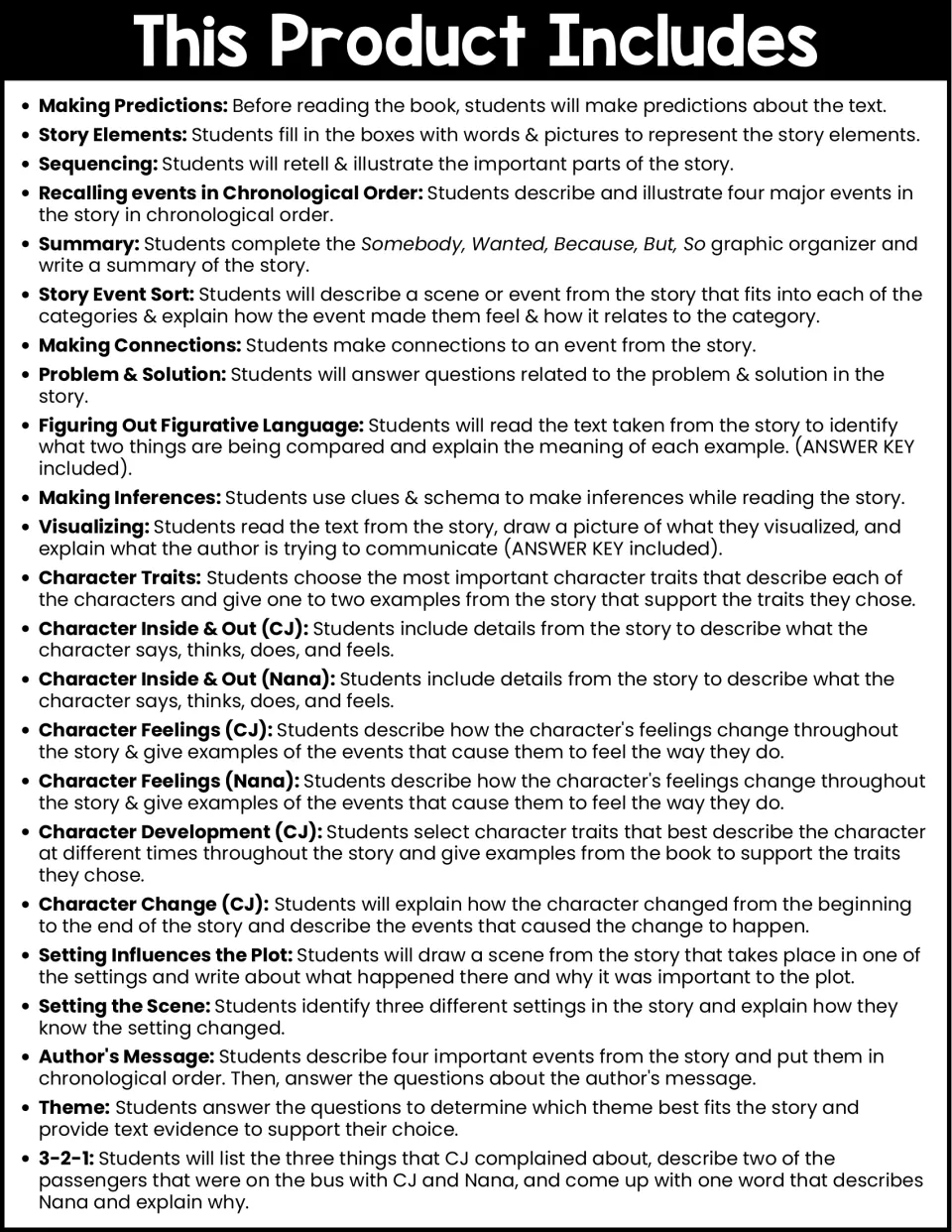 Activity list, part 1: predictions, story elements, sequencing, summary, character analysis, theme, and more.