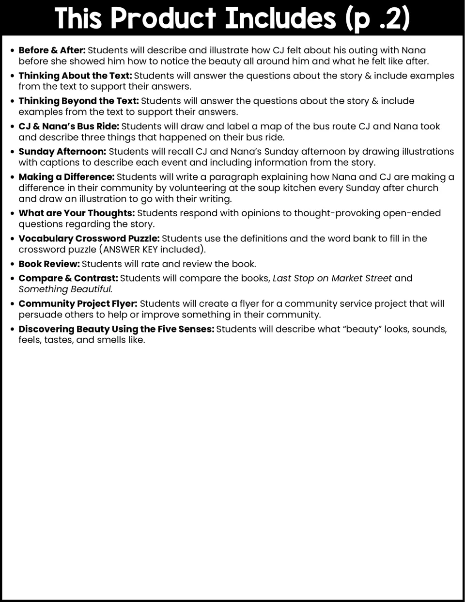 Activity list, part 2: text questions, bus route mapping, vocabulary crossword, book review, and more.