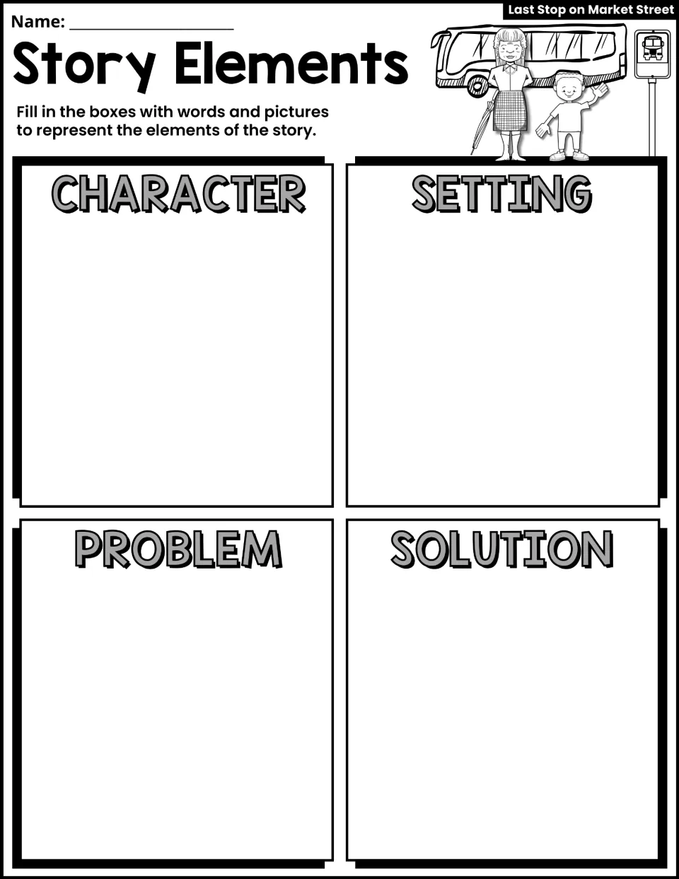Story Elements activity asks students to represent the character, setting, problem, and solution in words and pictures.