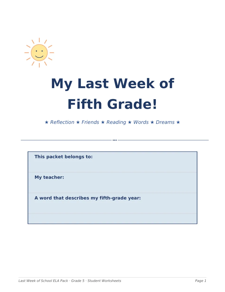 Student packet cover, My Last Week of Fifth Grade!, asks for a name, teacher, and word describing the year