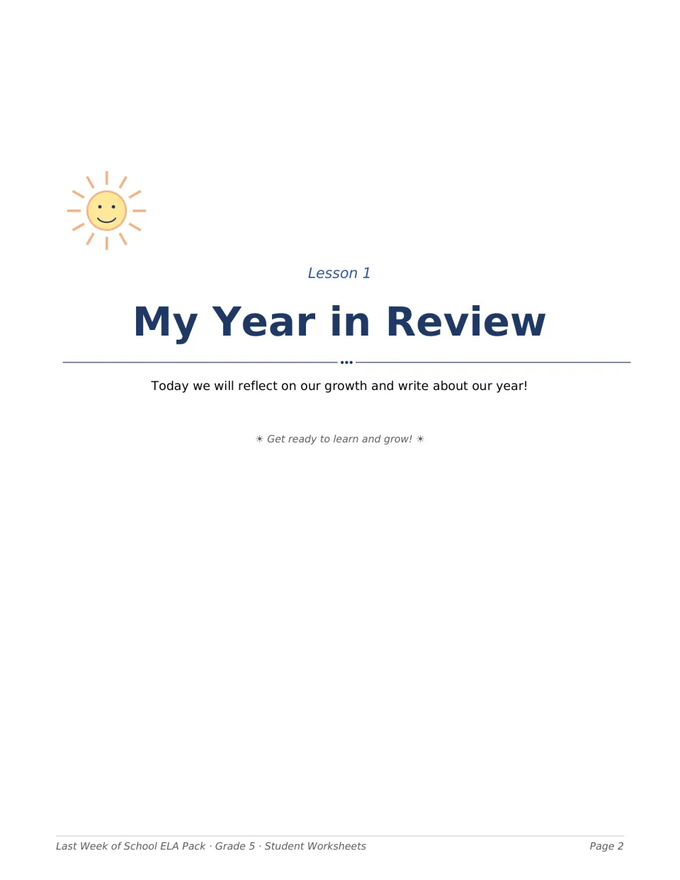 Lesson 1 introduction, My Year in Review, introduces reflecting on personal growth and writing about the year