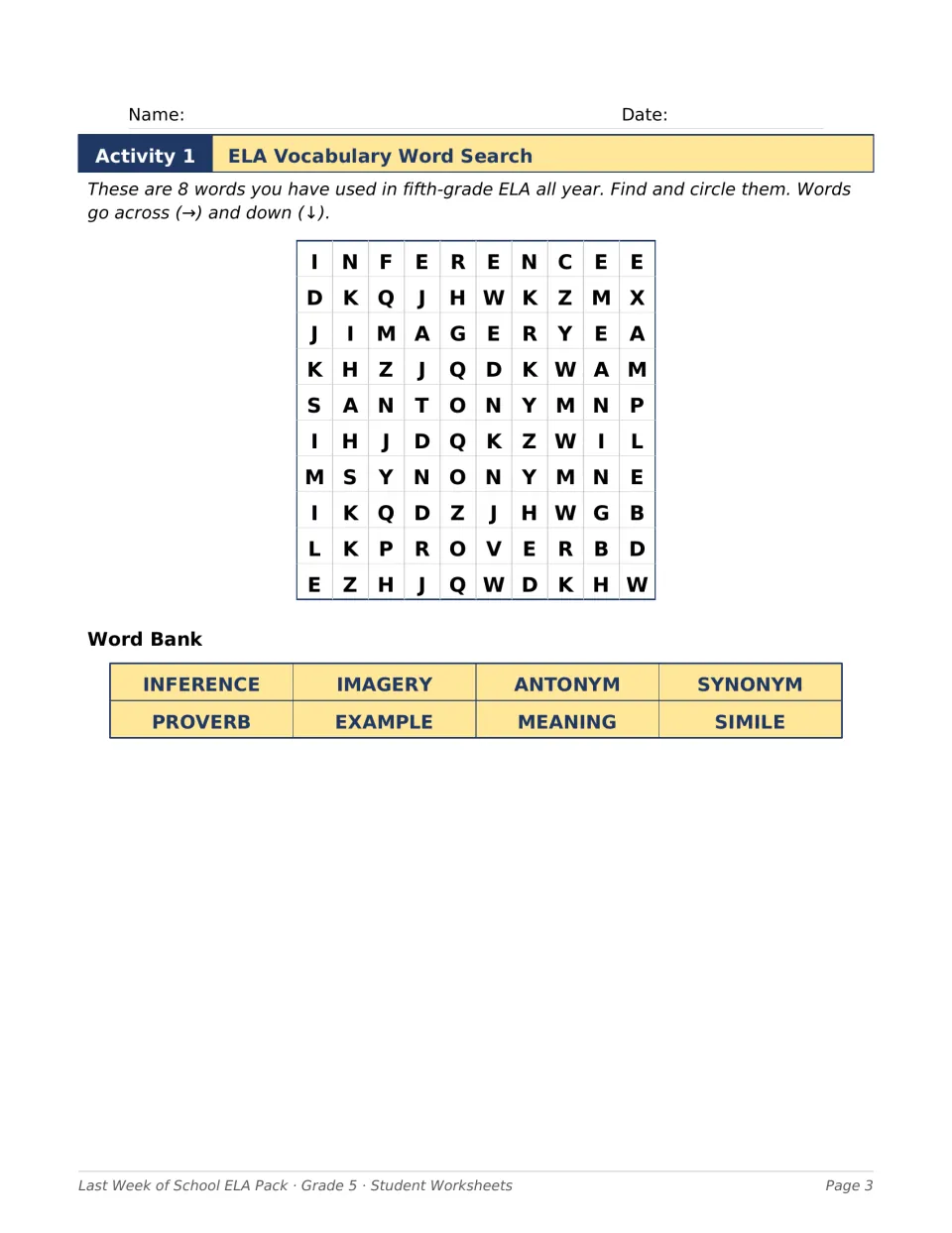 Activity 1: ELA vocabulary word search for inference, imagery, antonym, synonym, and four more terms