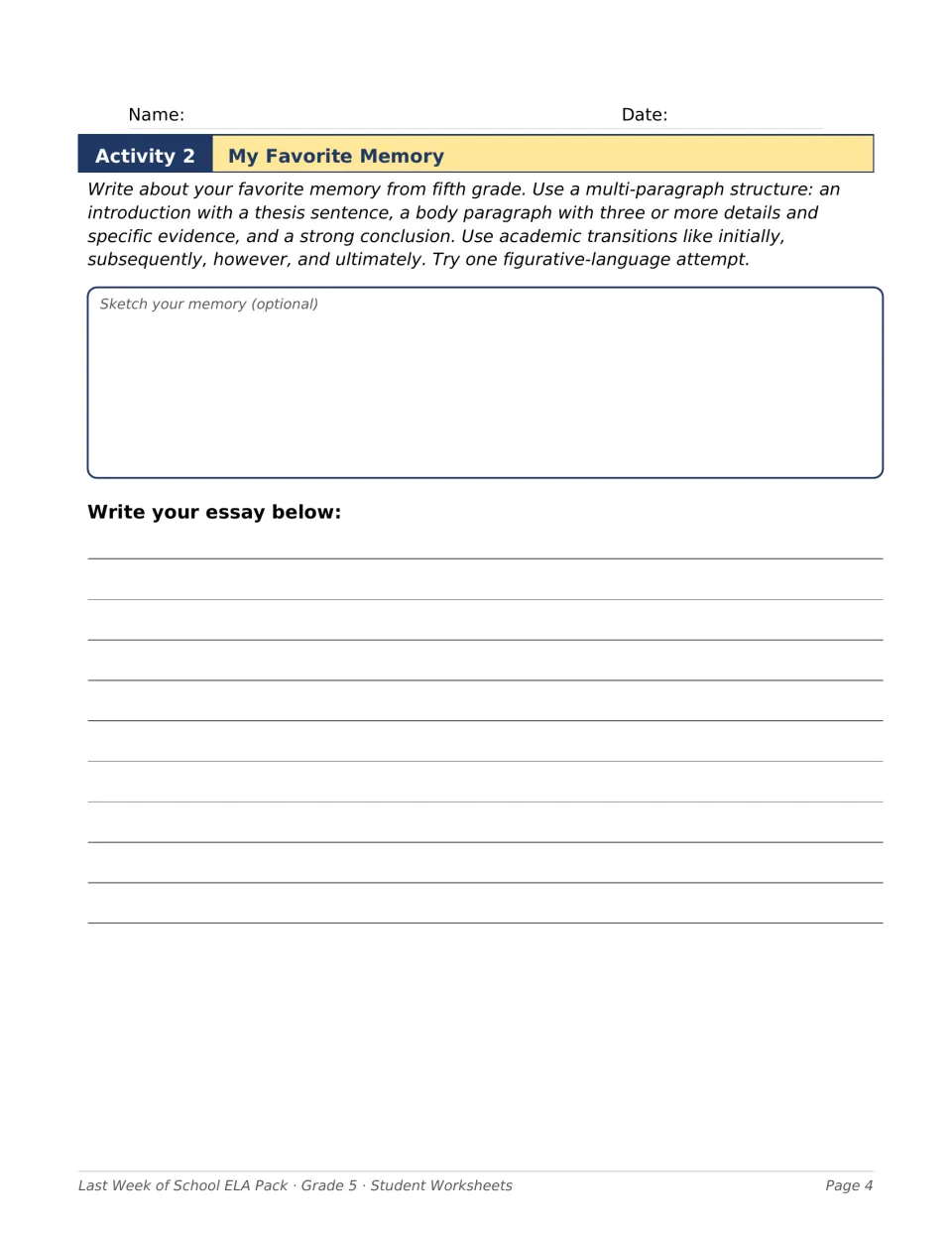 Activity 2: My Favorite Memory asks for a multi-paragraph essay using details, transitions, and figurative language