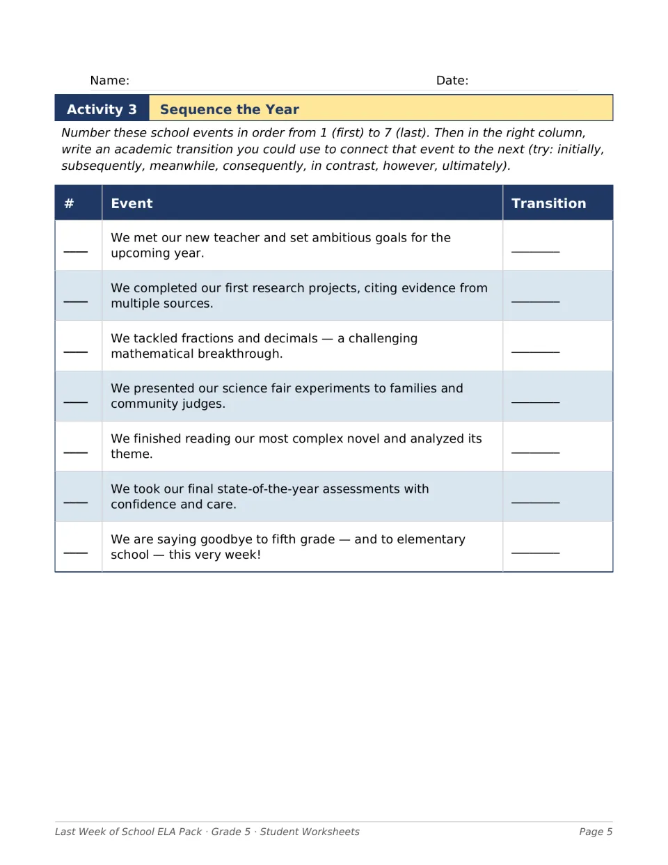 Activity 3: Sequence the Year asks students to order seven school events and choose academic transitions