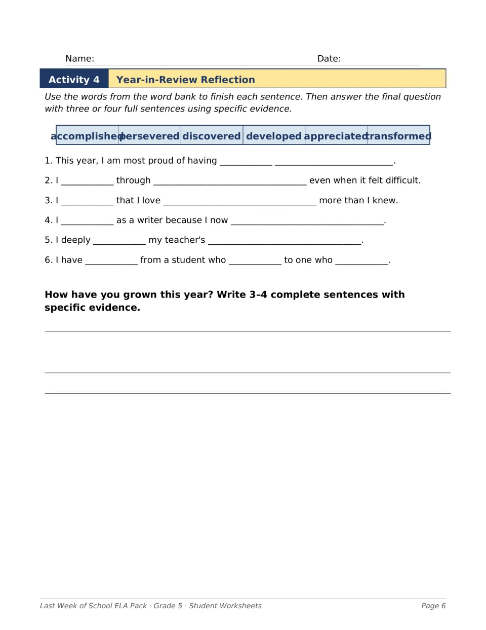 Activity 4: Year-in-Review Reflection includes six sentence prompts and a written response about personal growth