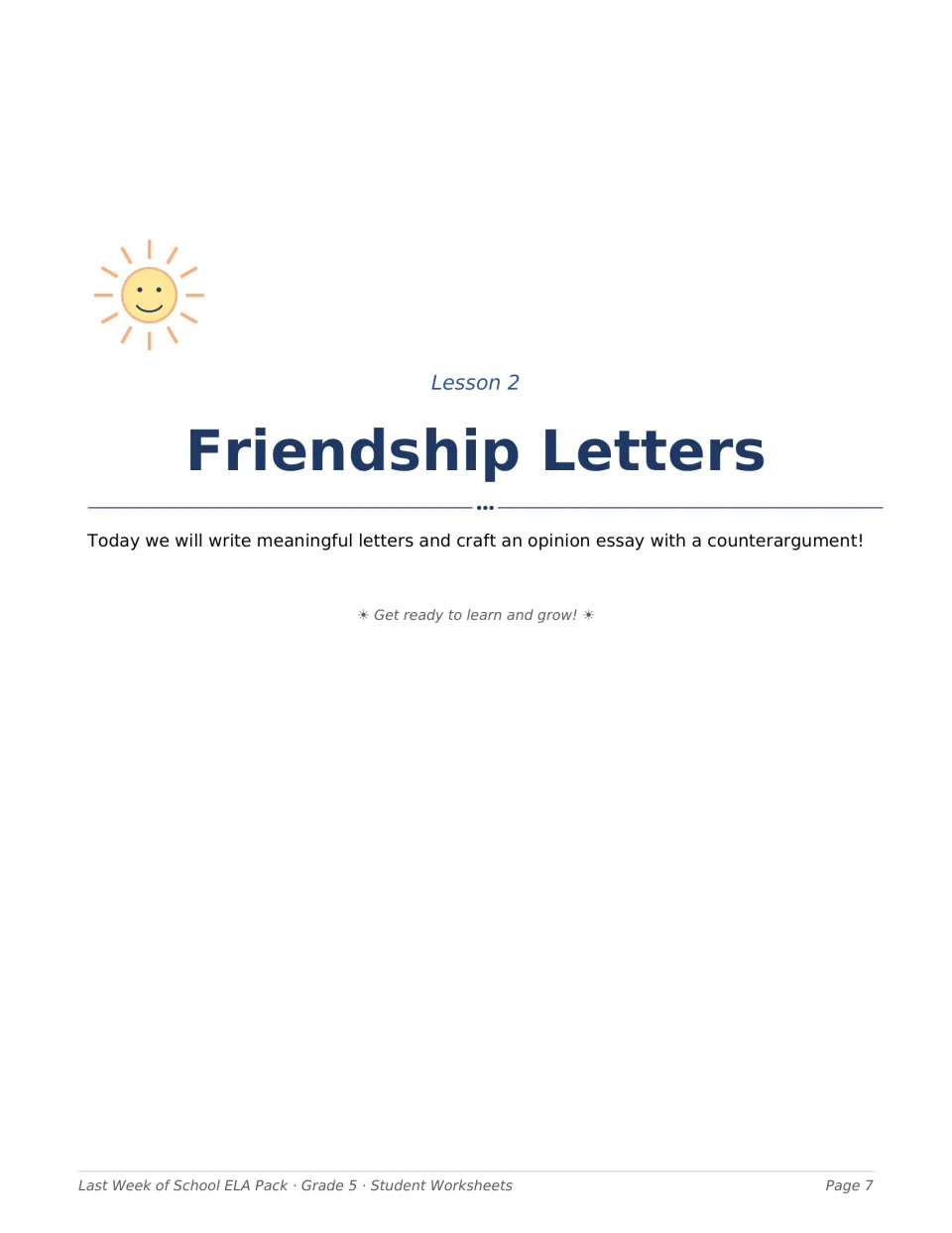 Lesson 2 introduction, Friendship Letters, introduces meaningful letters and an opinion essay with a counterargument