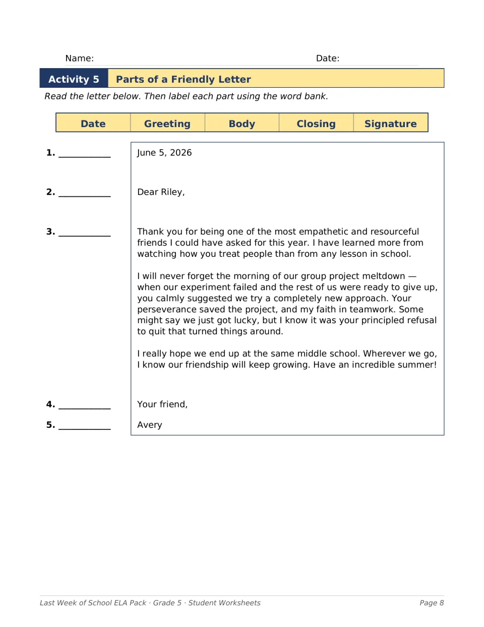 Activity 5: Parts of a Friendly Letter asks students to label the date, greeting, body, closing, and signature