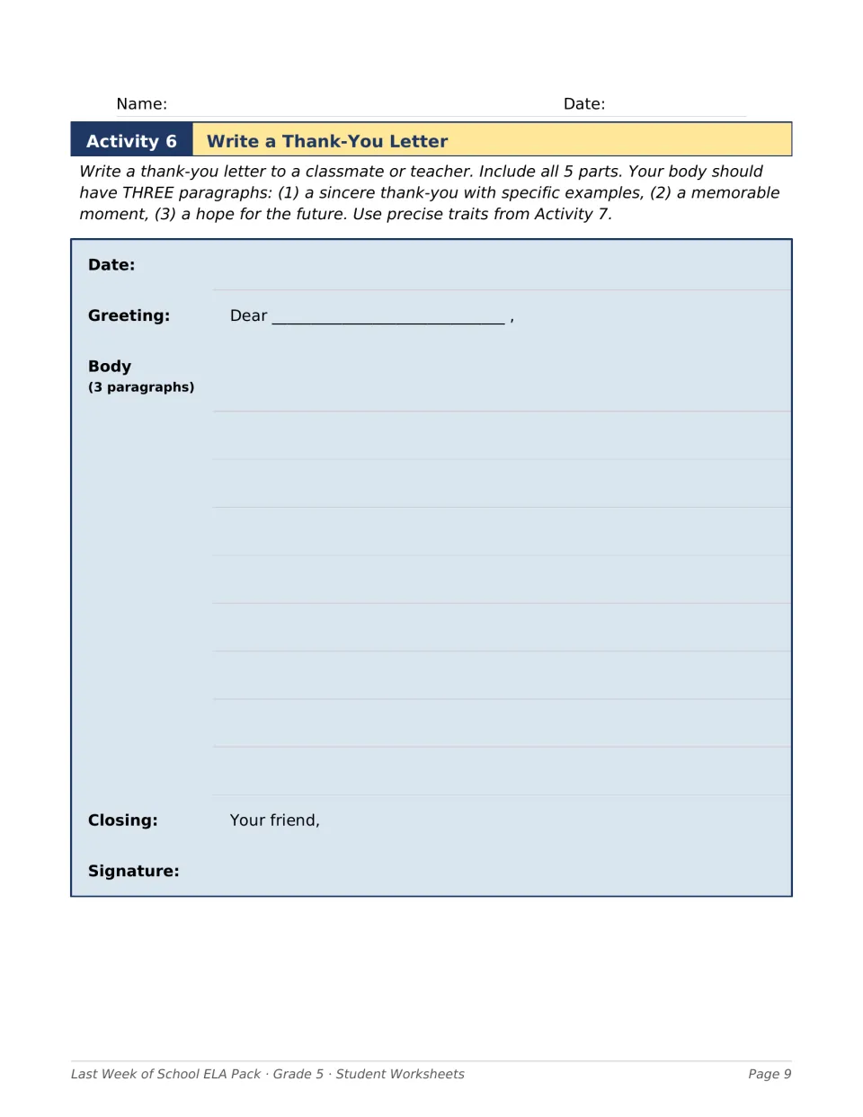 Activity 6: Write a Thank-You Letter guides three paragraphs about gratitude, a memory, and hopes for the future