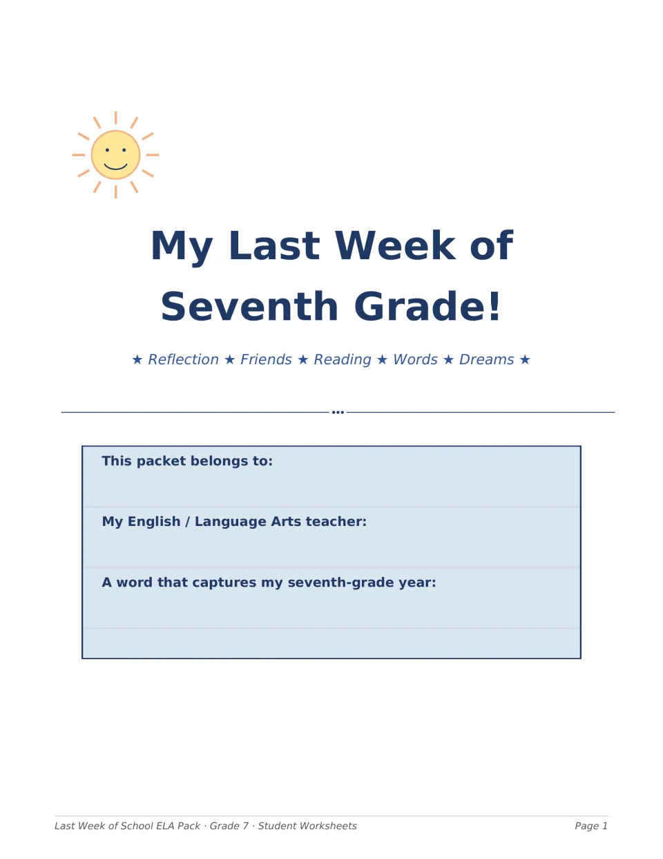 My Last Week of Seventh Grade! packet cover: students write their name, ELA teacher and one word that captures their year