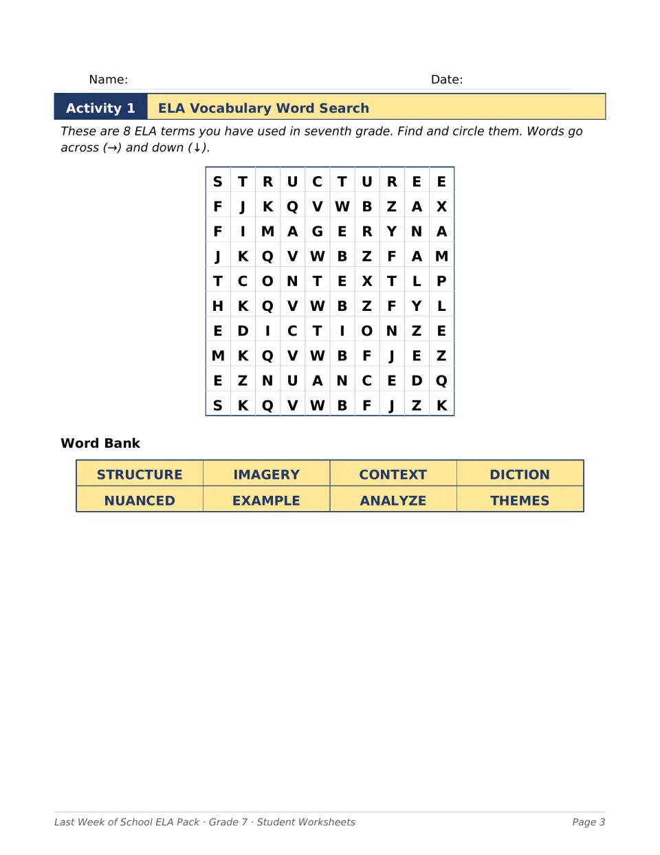 ELA vocabulary word search: students find 8 terms such as structure, imagery, diction and nuanced, reading across and down