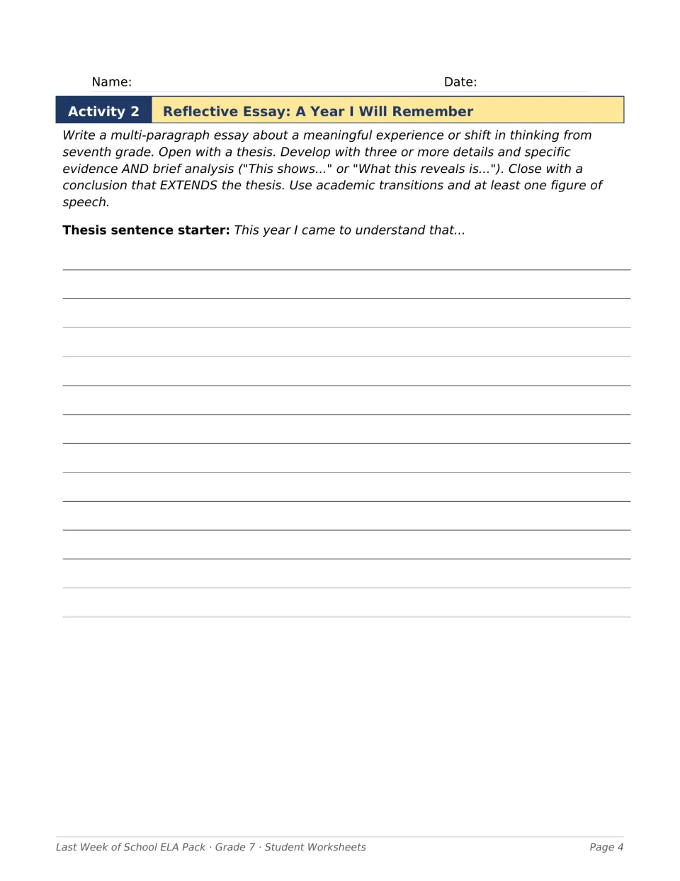 Reflective essay, A Year I Will Remember: students write a multi-paragraph essay built on a thesis, evidence and analysis