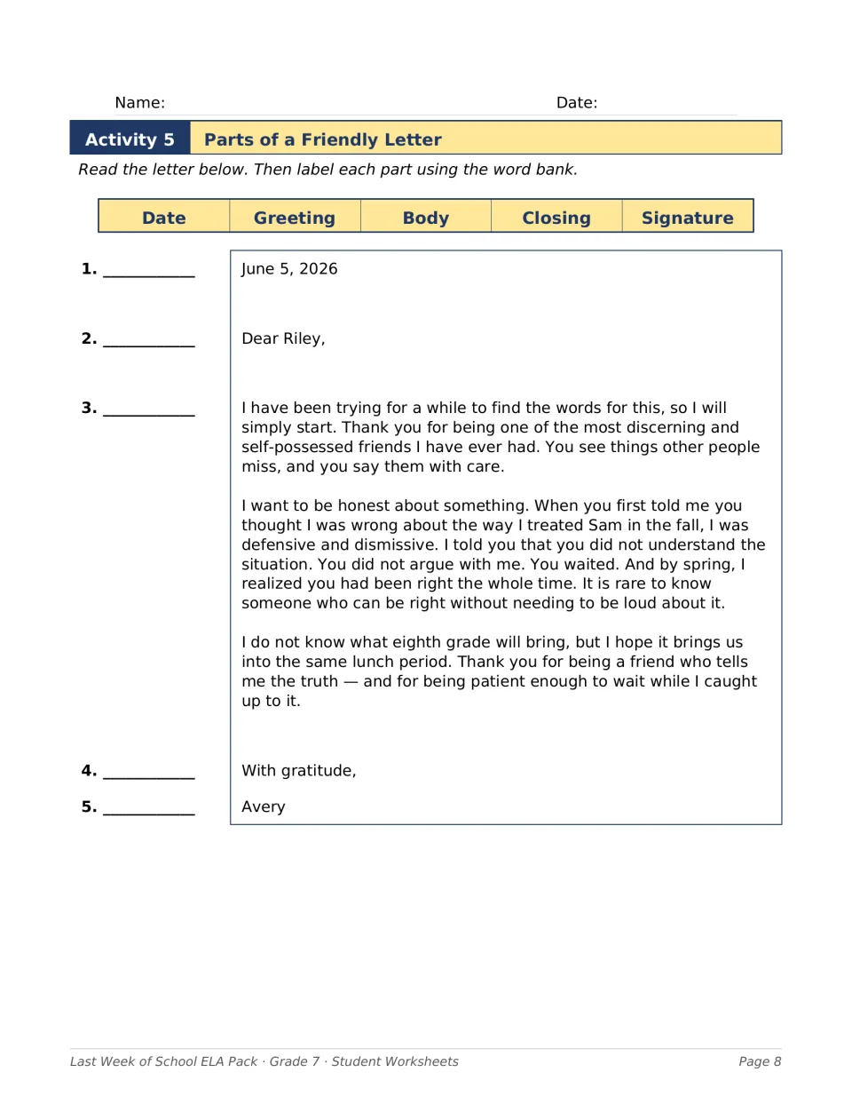 Parts of a friendly letter: students read Avery's letter to Riley and label date, greeting, body, closing and signature