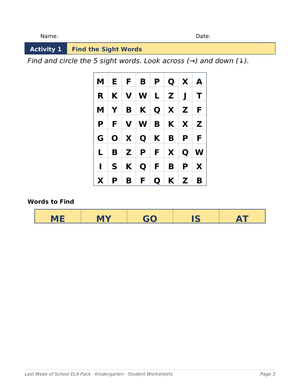 Sight word search: students circle ME, MY, GO, IS and AT hidden across and down in an 8 by 8 letter puzzle