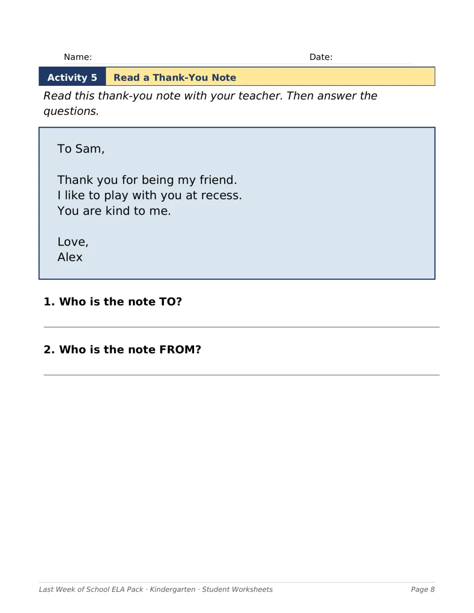 Thank-you note reading: students read a note from Alex to Sam, then write who the note is to and who it is from