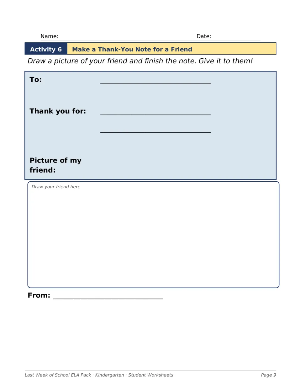 Thank-you note writing: students fill in To, Thank you for and From, then draw the friend who will receive it