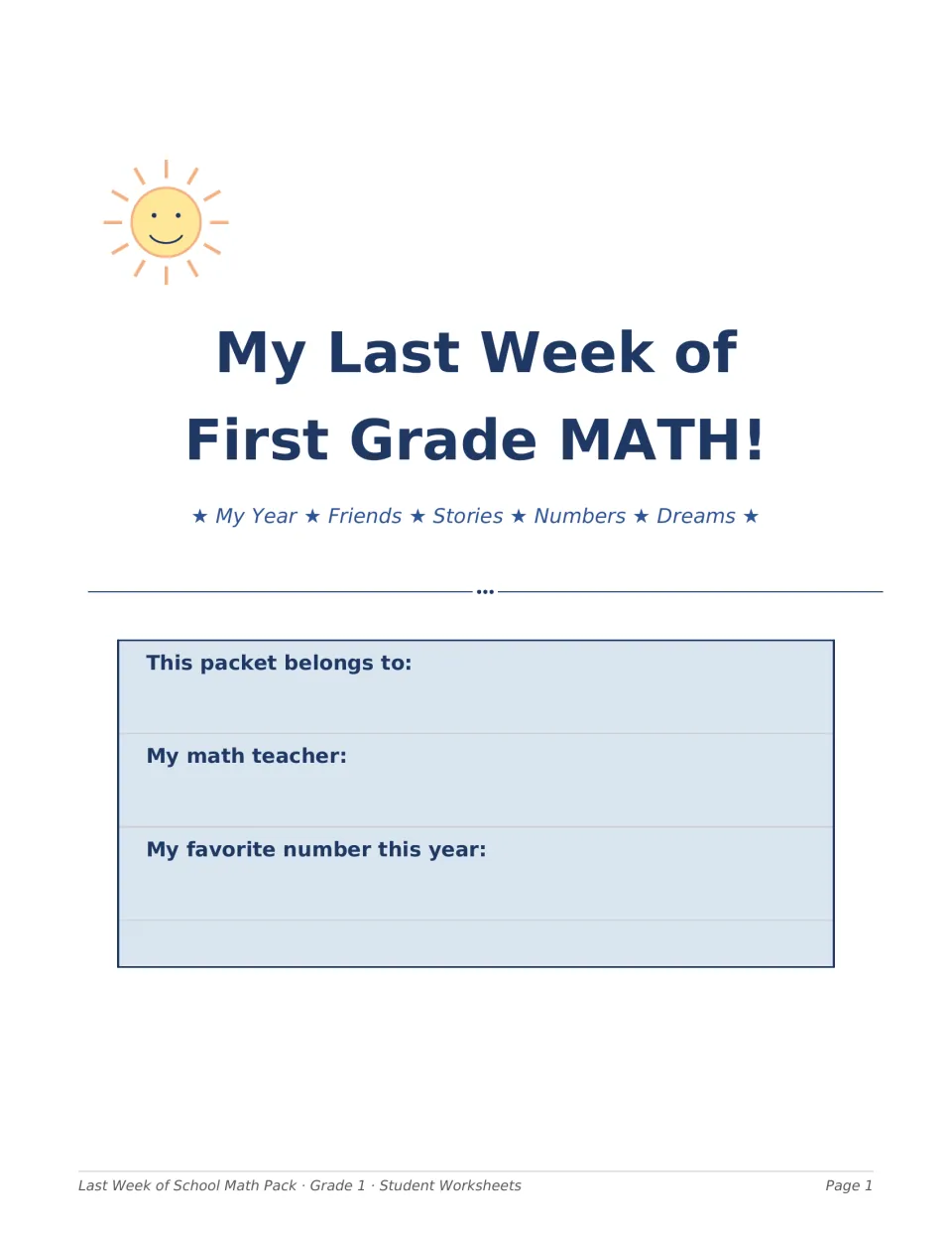 Student math packet cover asks for the student's name, math teacher, and favorite number from the year