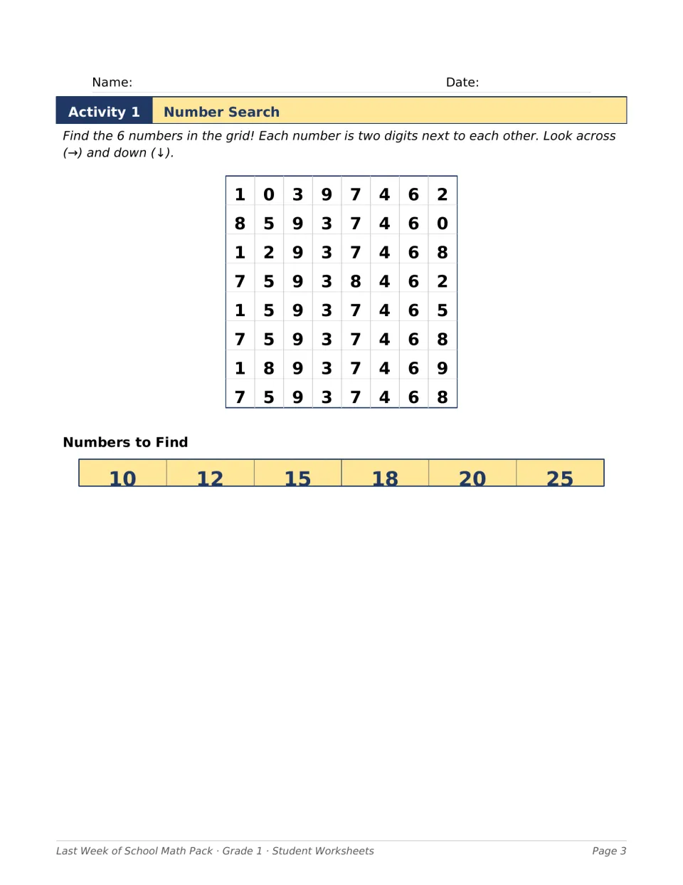Activity 1, Number Search, asks students to find 10, 12, 15, 18, 20, and 25 by looking across and down