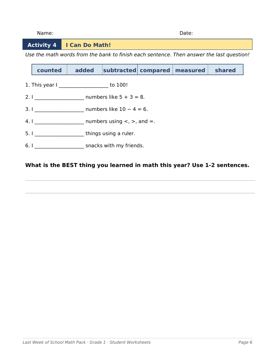 Activity 4, I Can Do Math!, uses six math words to complete sentences and asks students to reflect on learning