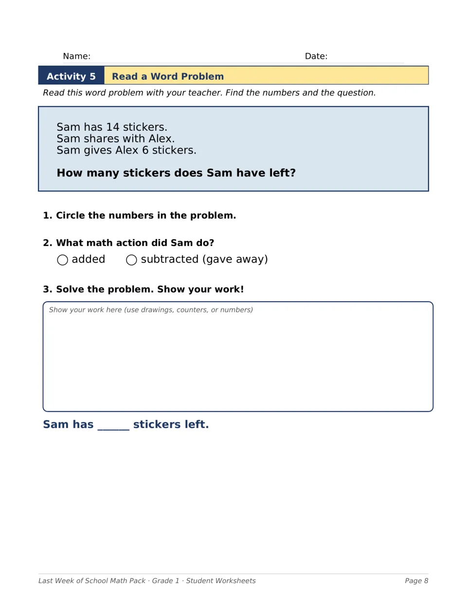 Activity 5 asks students to solve how many stickers Sam has left after giving Alex 6 of his 14 stickers