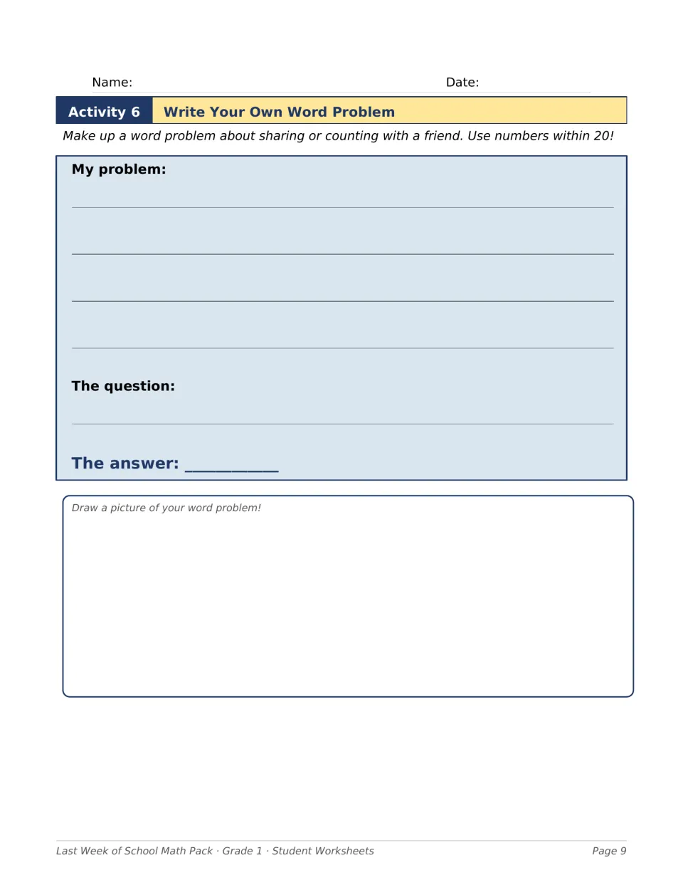 Activity 6 asks students to write and illustrate a word problem about sharing or counting with numbers within 20