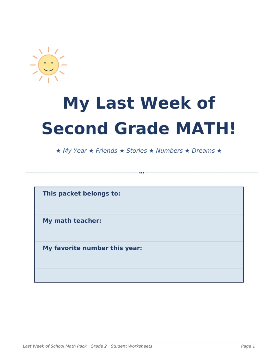 My Last Week of Second Grade MATH! packet cover where students write their name, math teacher and favorite number this year