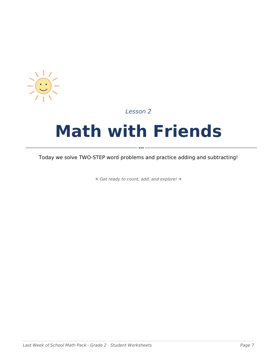 Lesson 2 title page, Math with Friends: today students solve two-step word problems and practice adding and subtracting