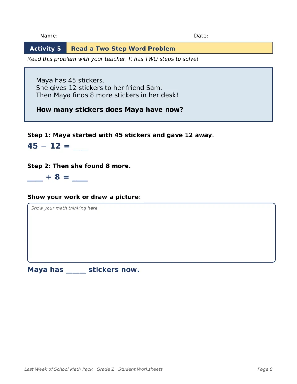 Two-step word problem: students subtract 45 - 12 stickers, then add 8 more, and show their work to find how many Maya has