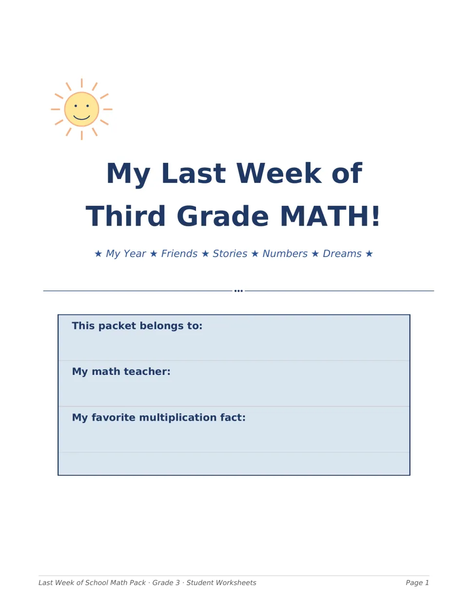 My Last Week of Third Grade MATH! packet title page: students write their name, teacher and favorite multiplication fact