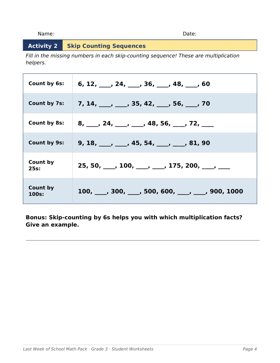 Skip counting sequences: students fill missing numbers counting by 6s, 7s, 8s, 9s, 25s and 100s, plus a bonus question