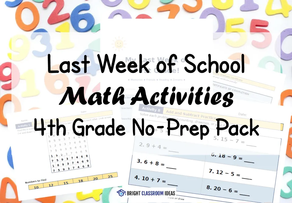 Last Week of School Math Activities 4th Grade No-Prep Pack title over sample pages: a number search and add-subtract facts