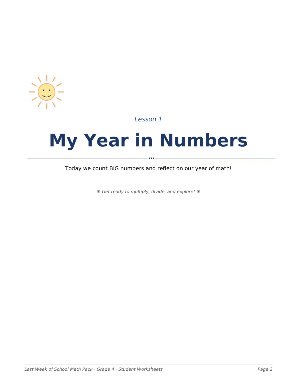 Lesson 1 divider, My Year in Numbers: introduces counting big numbers and reflecting on the year of math