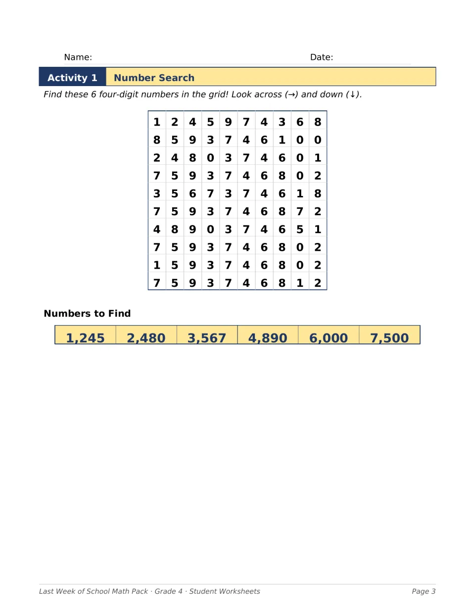 Number search: students find six four-digit numbers, from 1,245 to 7,500, reading across and down rows of digits