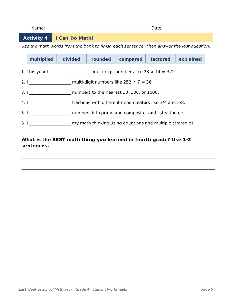 Math word bank fill-in: students finish six sentences using multiplied, divided, rounded, compared, factored or explained