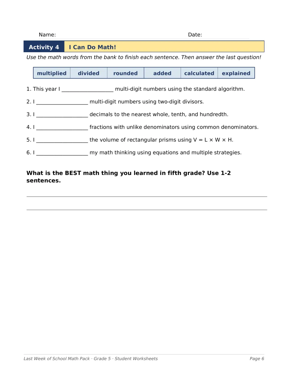I Can Do Math! word bank: students complete six sentences about skills learned, then write about their best math topic