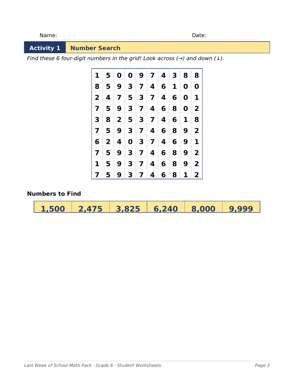 Number search: students find six four-digit numbers, such as 1,500 and 9,999, reading across and down a digit grid