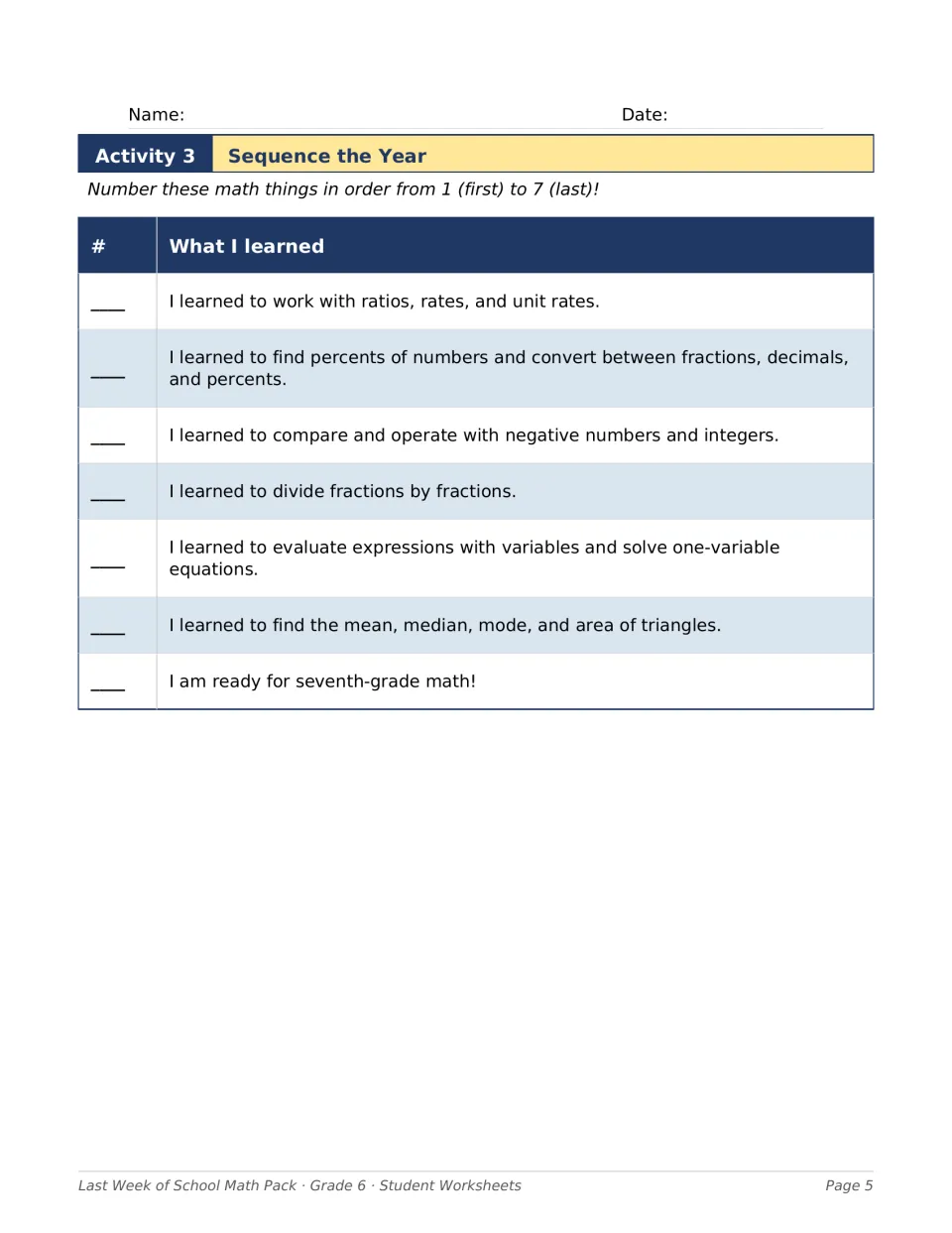Sequence the Year: students number seven sixth-grade math topics, from ratios to mean and median, in order 1 to 7