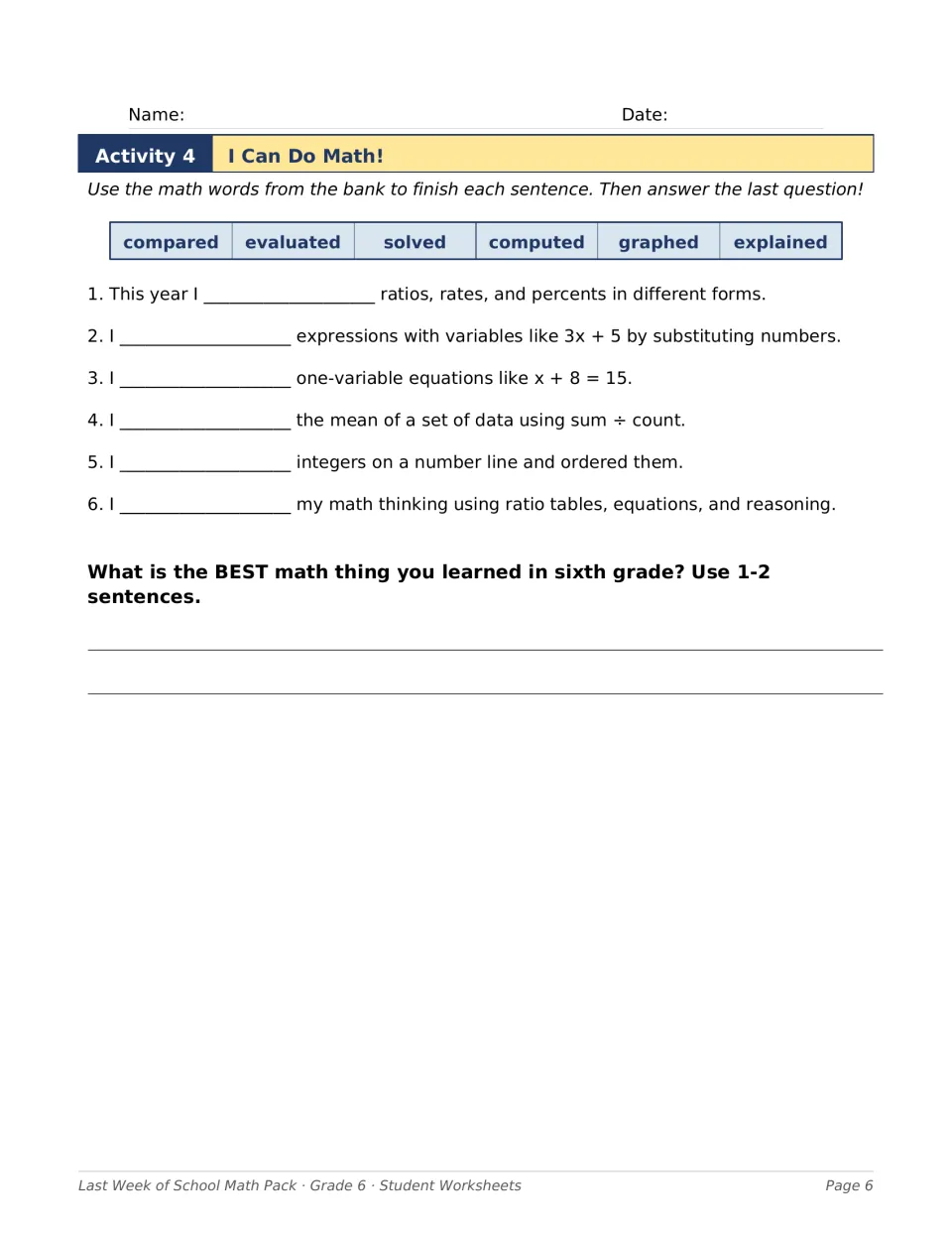 Math verbs word bank: fill in six sentences with words like solved and graphed, then write 1-2 sentences about the year