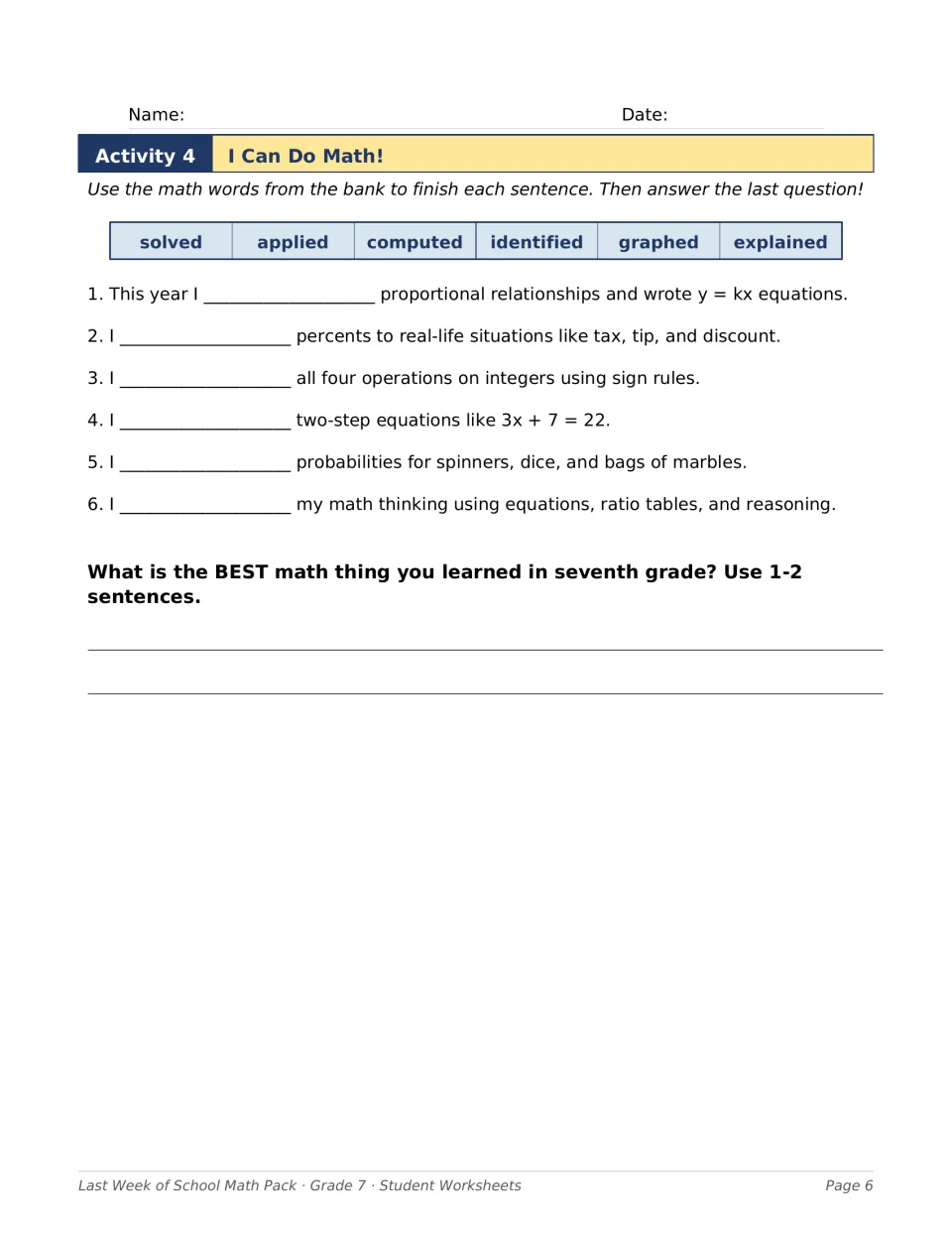 I Can Do Math!: students fill six sentences with bank words like solved and graphed, then name the best thing learned