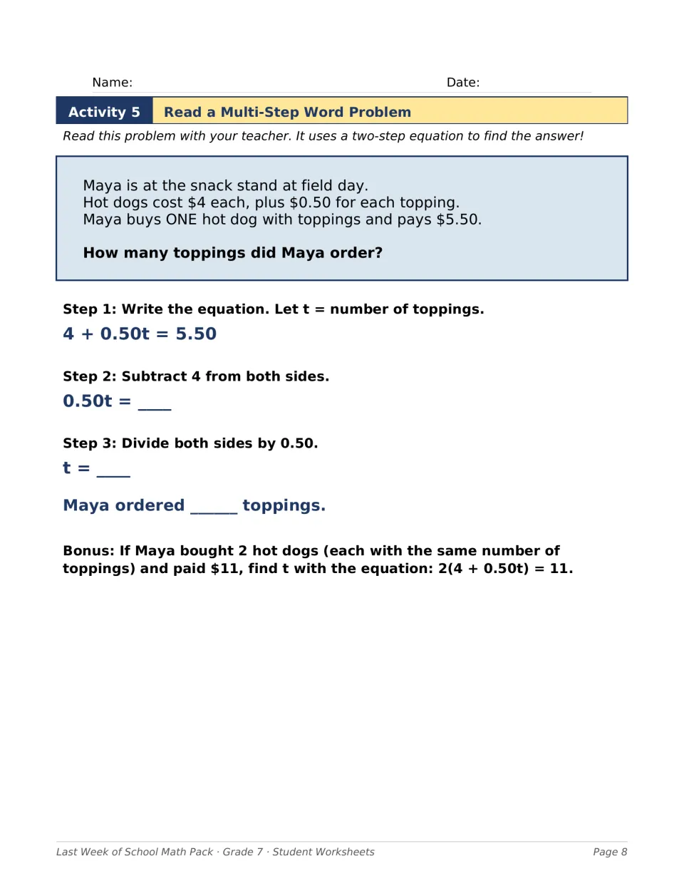 Two-step equation word problem: students solve 4 + 0.50t = 5.50 to find Maya's hot dog toppings, with a 2-hot-dog bonus