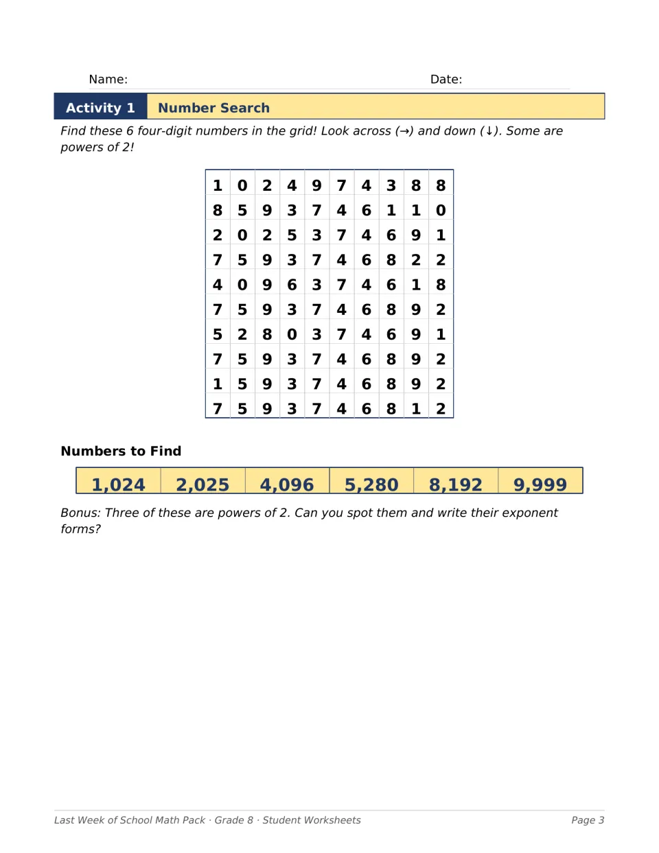 Number search: students find 1,024, 2,025, 4,096, 5,280, 8,192 and 9,999, then write three as powers of 2
