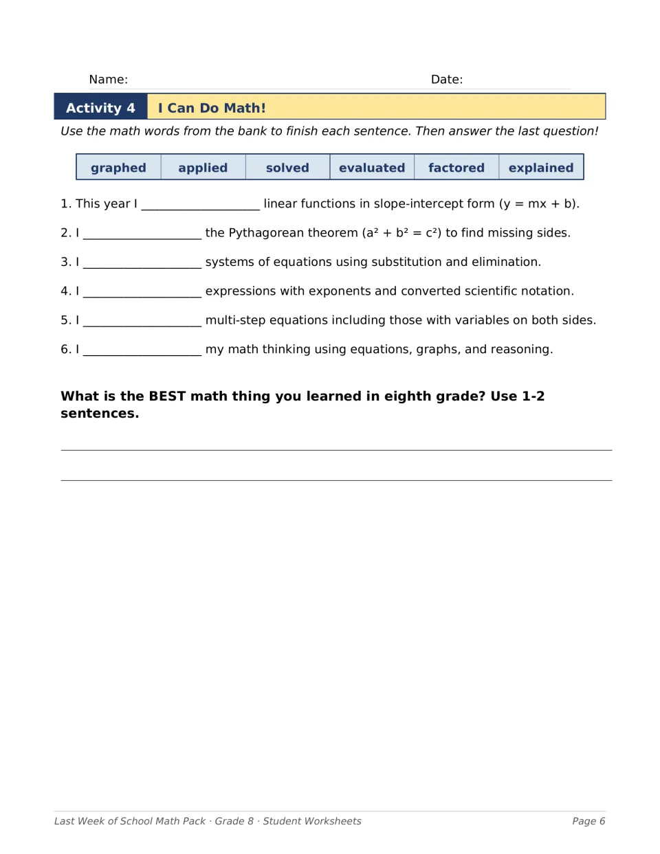 I Can Do Math! word bank: students complete 6 sentences with graphed, solved, factored and more, then write a reflection