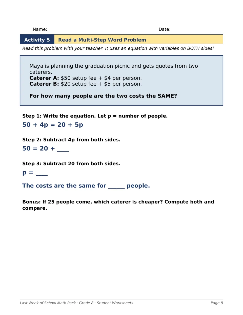 Multi-step word problem: students solve 50 + 4p = 20 + 5p to find when two picnic caterers cost the same