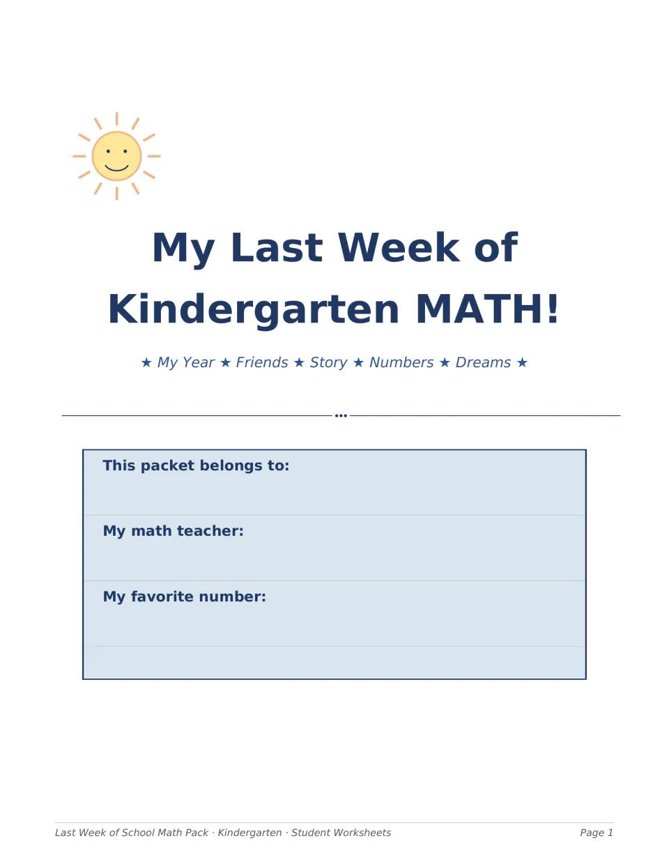My Last Week of Kindergarten MATH! student packet title page asking for name, math teacher and favorite number