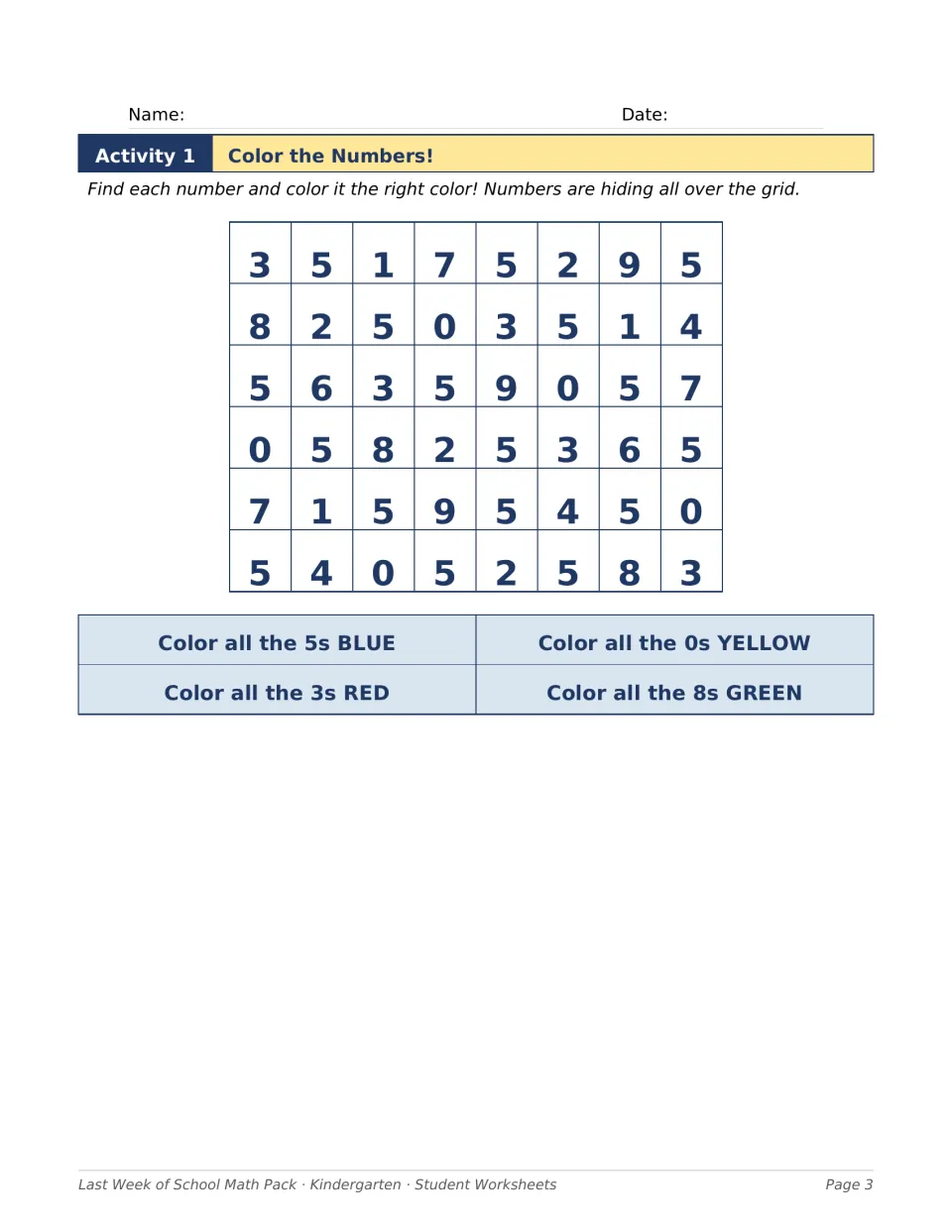 Color the Numbers: students find and color the 5s blue, 3s red, 0s yellow and 8s green to practice numeral recognition