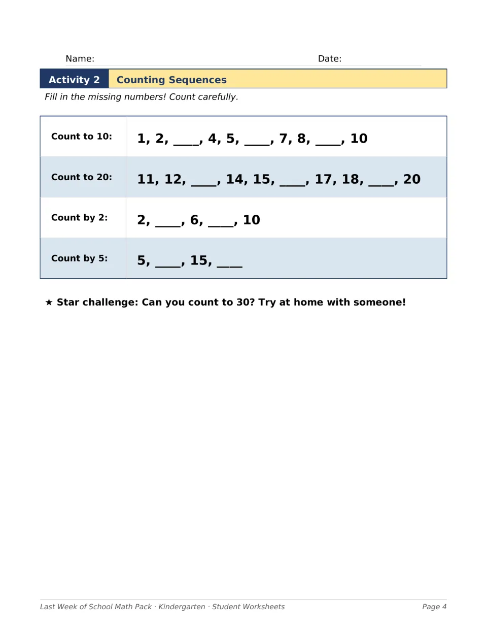 Counting Sequences: students fill in missing numbers counting to 10 and 20, by 2s and by 5s, plus a count-to-30 challenge