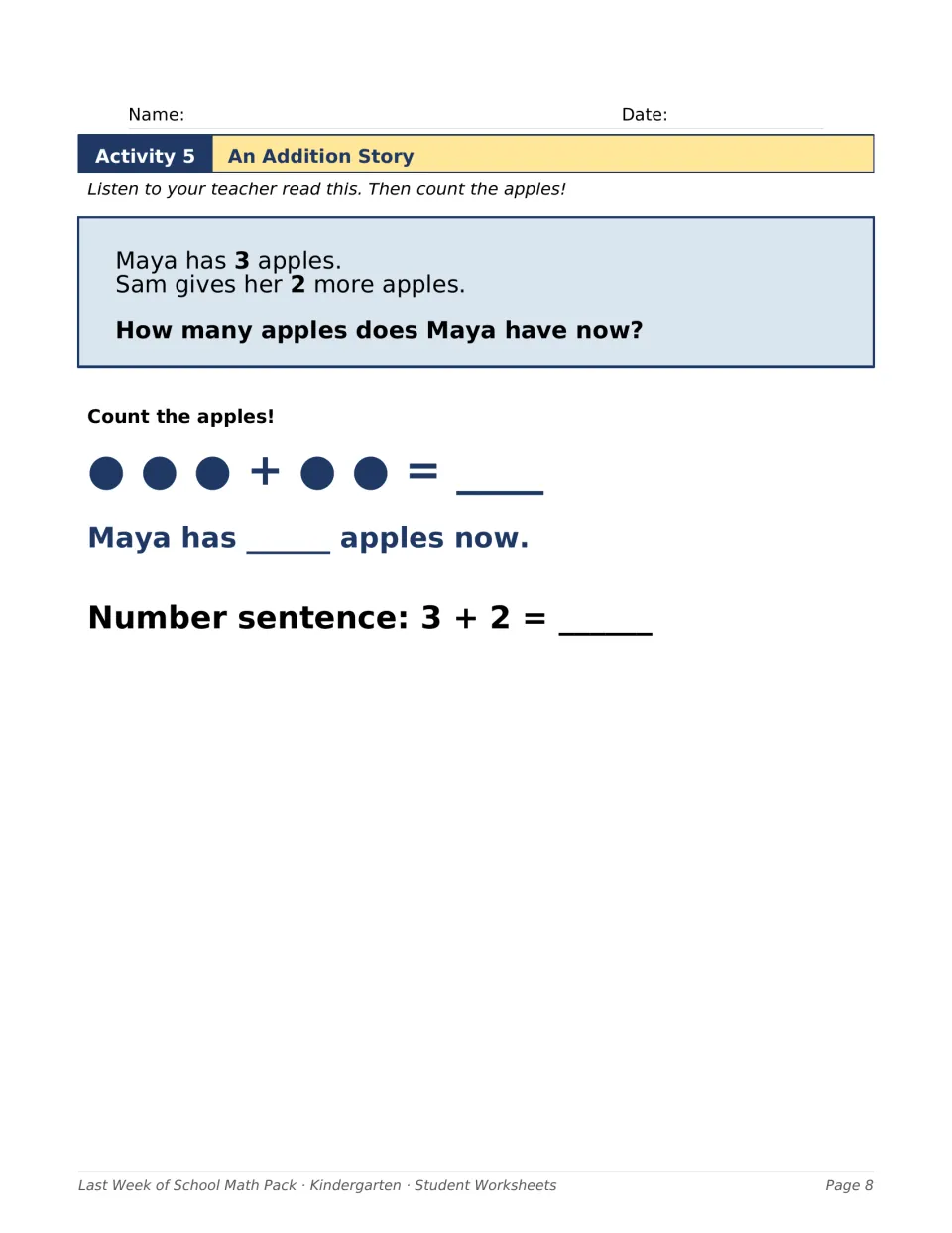 An Addition Story: students hear Maya has 3 apples and gets 2 more, count dots and complete the number sentence 3 + 2