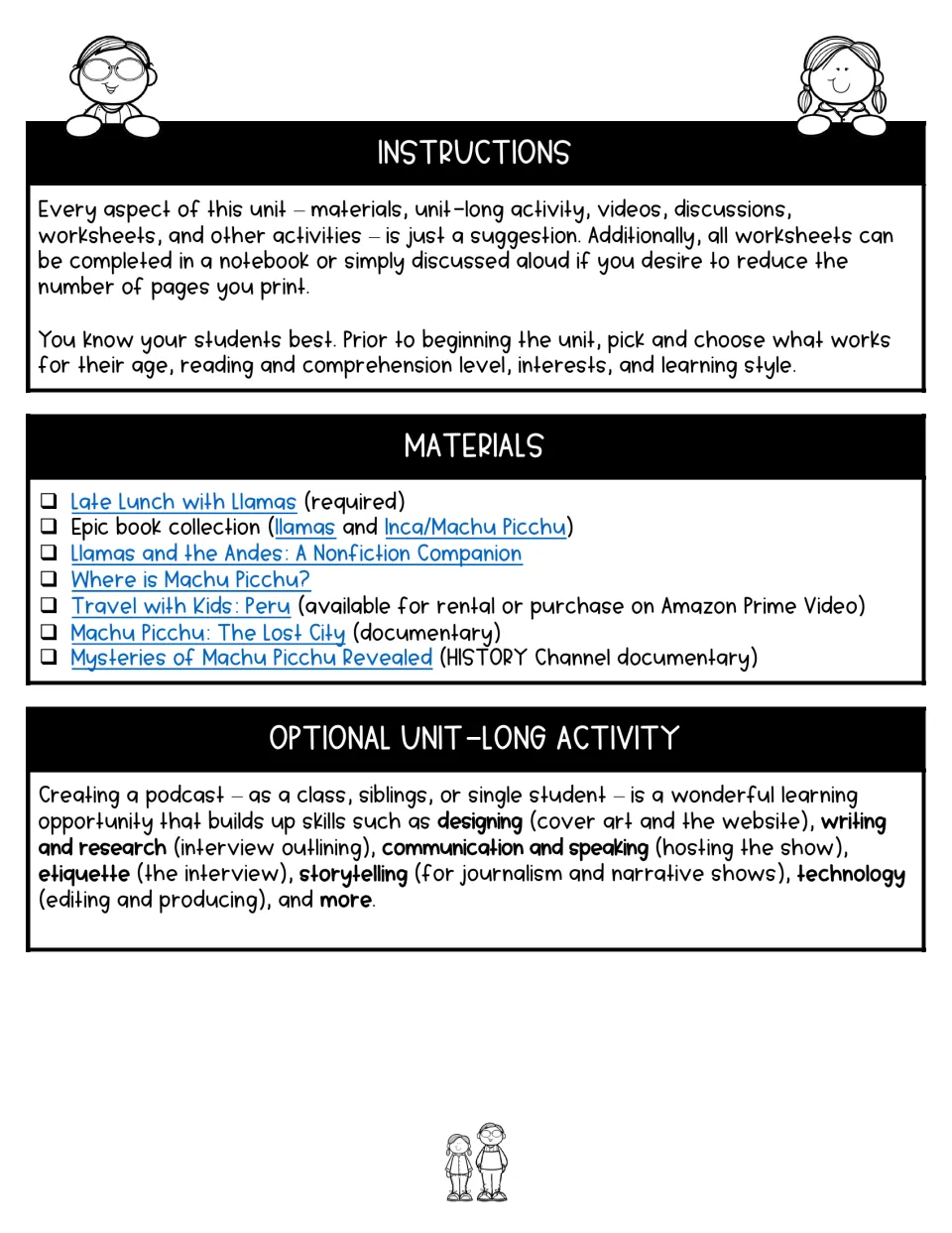 Unit instructions explain flexible worksheet use, list required and optional materials, and suggest a podcast