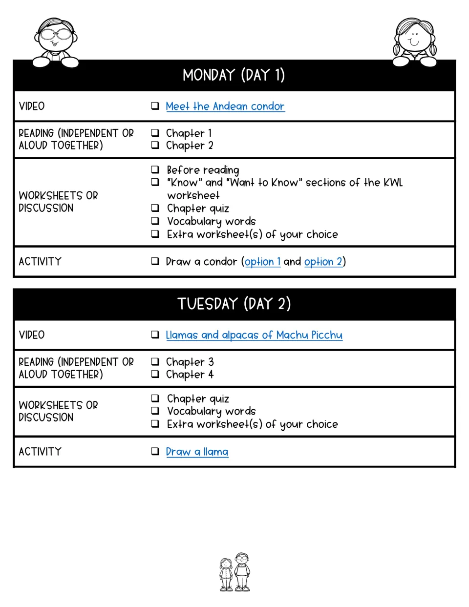 Days 1–2 lesson plans assign chapters 1–4, quizzes, vocabulary, KWL work, and condor and llama drawing