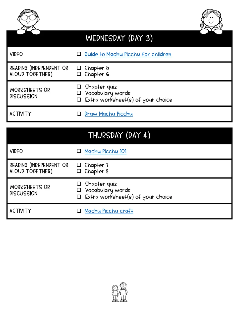 Days 3–4 lesson plans assign chapters 5–8, quizzes, vocabulary, Machu Picchu videos, drawing, and a craft
